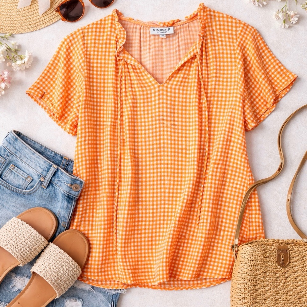Studio B Gingham Blouse Orange Cottagecore Picnic Boho Top Rayon M Summer B14
